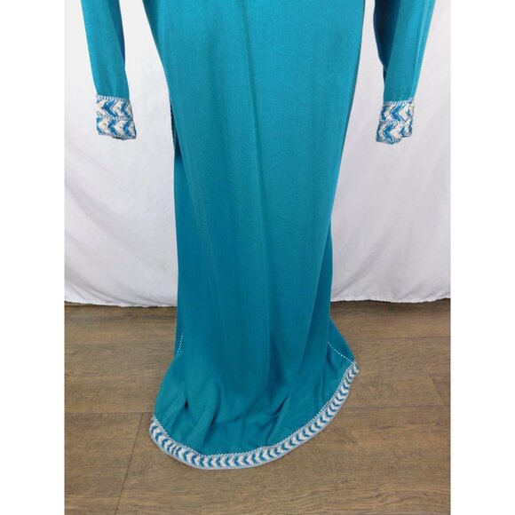 Moroccan Djellaba Robe Womens One Size Teal Hooded Embroidered Beaded Kaftan - Picture 9 of 12